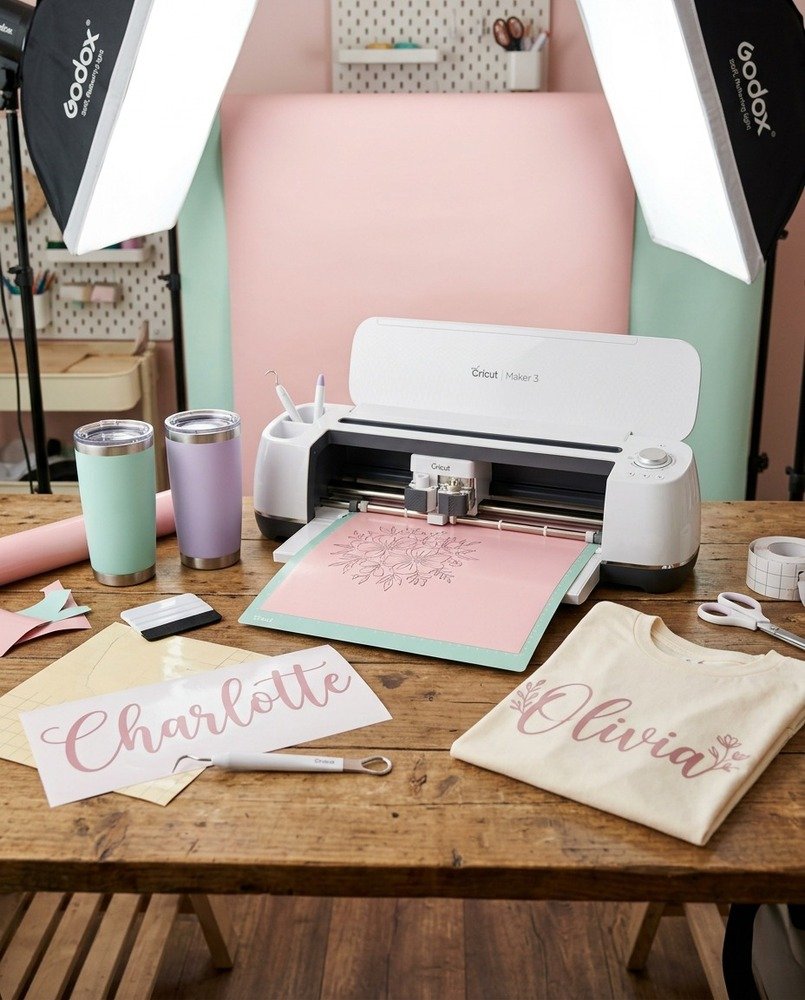 Cricut machine cutting pink vinyl next to personalized tumblers and a custom name shirt