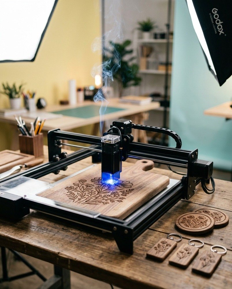 Laser engraver etching a floral design into a wooden cutting board